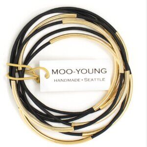 Handmade Leather Bangle Set, in Black with Gold NWT